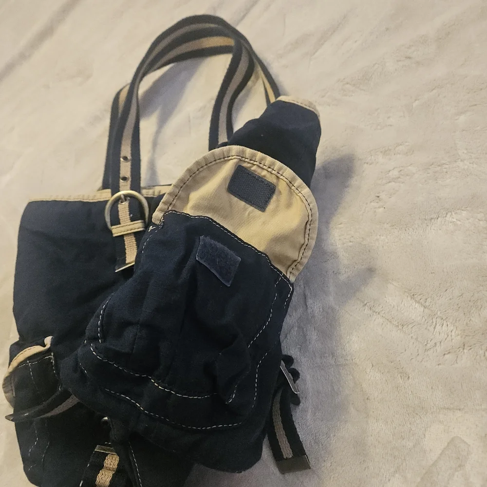 Y2K OLD Navy Bag Purse Navy Blue Ripstop Canvas grommet handles Grunge Gorpcore - Picture 7 of 15